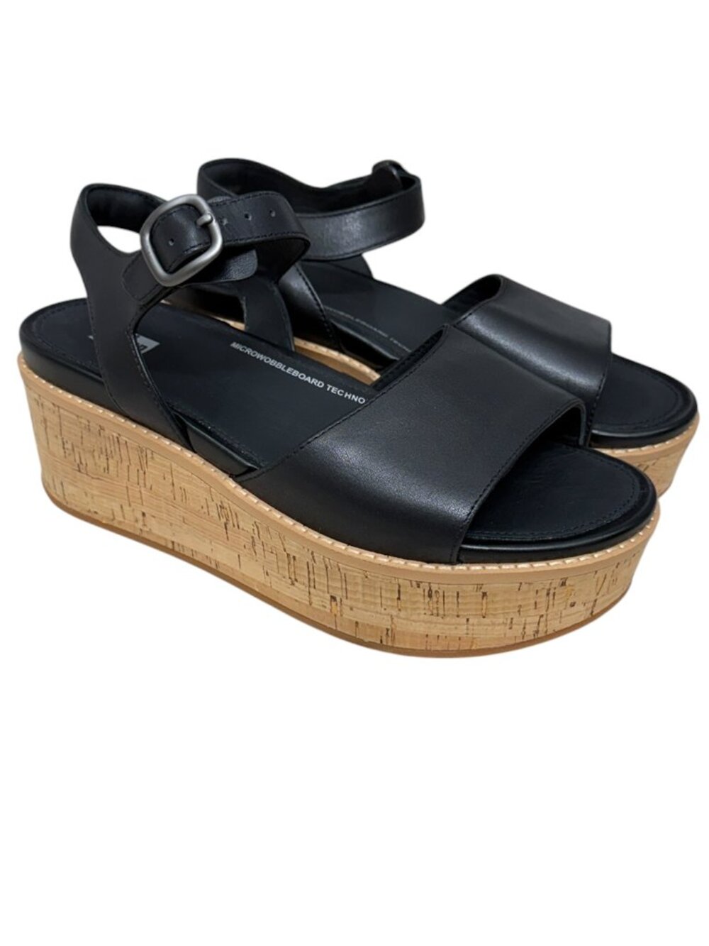 FitFlop Eloise black leather cork-wrap wedge platform sandals women's size 7